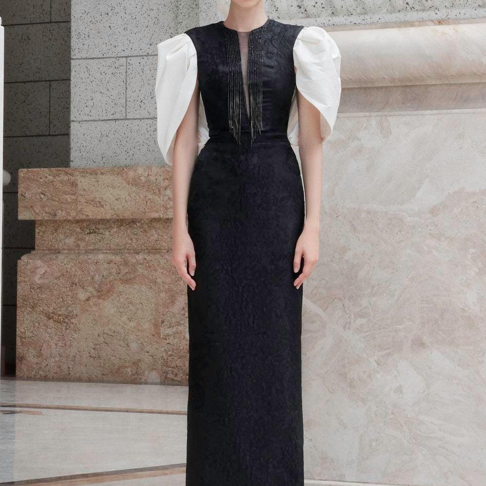 Crimson Sheath Round Neck Jacquard Floor Length Dress - MEAN BLVD