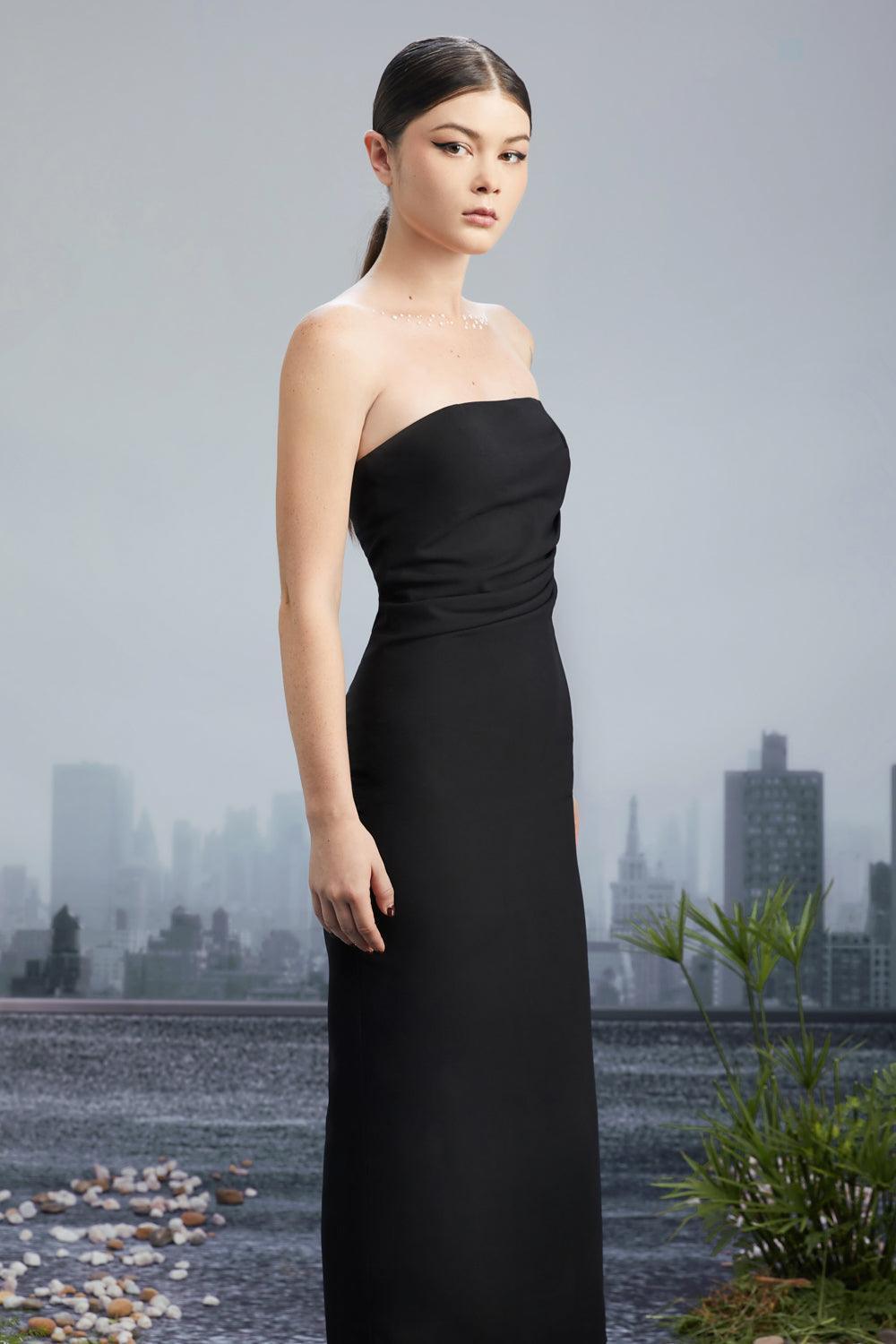 Women's Crooked Skyline Strapless Waist Pleated Wool Cotton Midi Dress 0/1/2 Black Mean Blvd Black / 0
