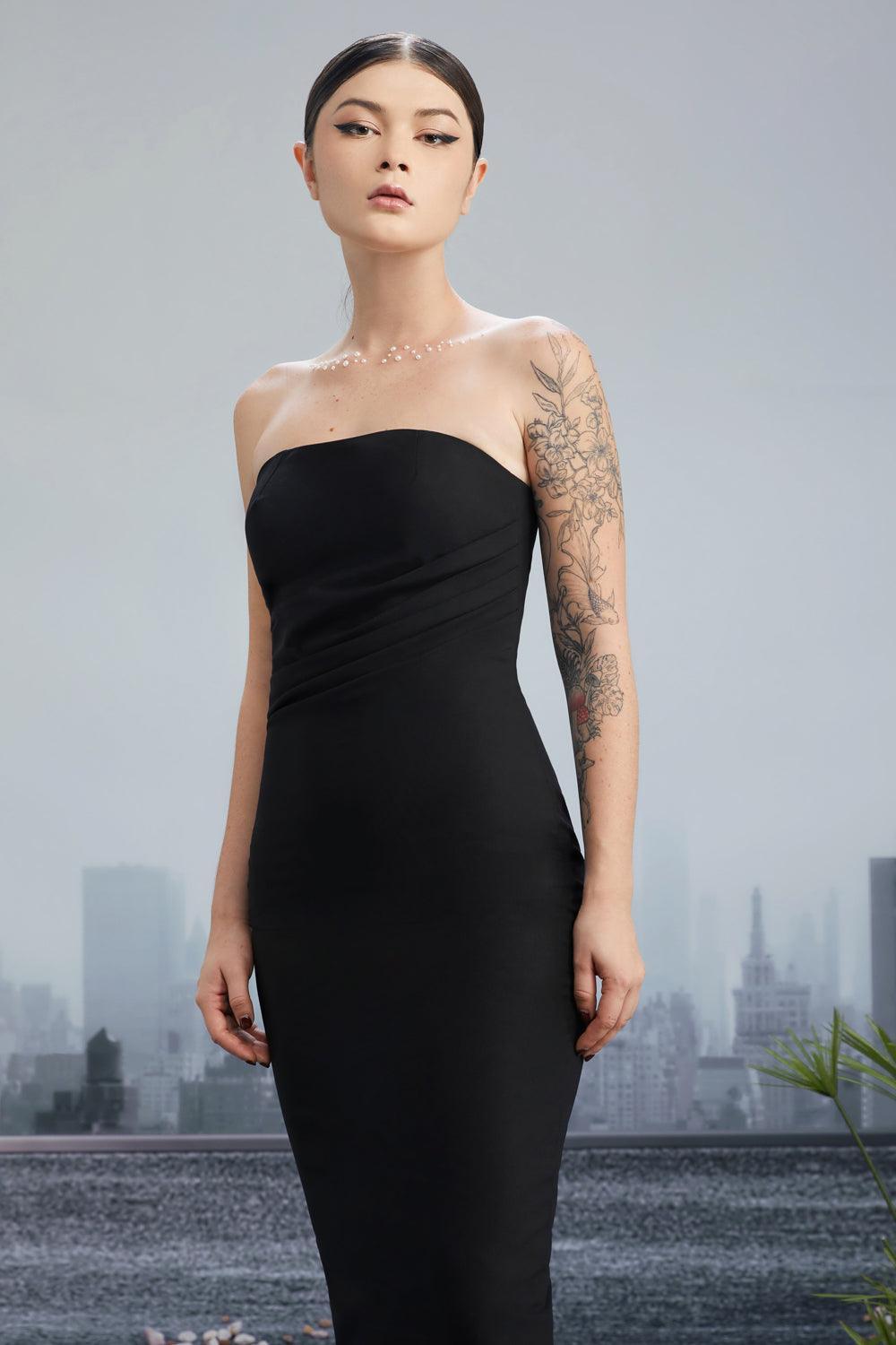 Crooked Skyline Strapless Waist Pleated Wool Cotton Midi Dress - MEAN BLVD