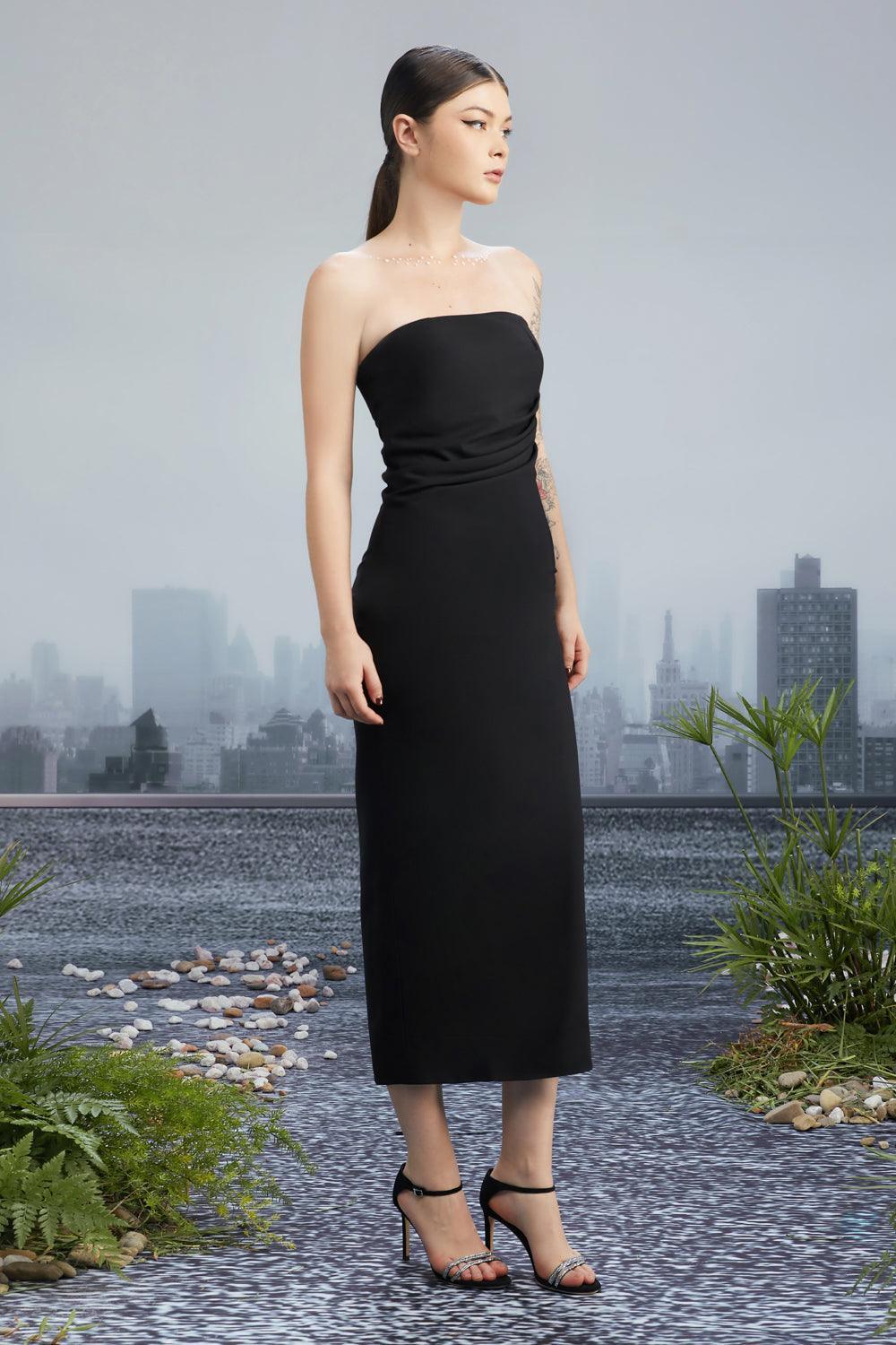 Crooked Skyline Strapless Waist Pleated Wool Cotton Midi Dress - MEAN BLVD