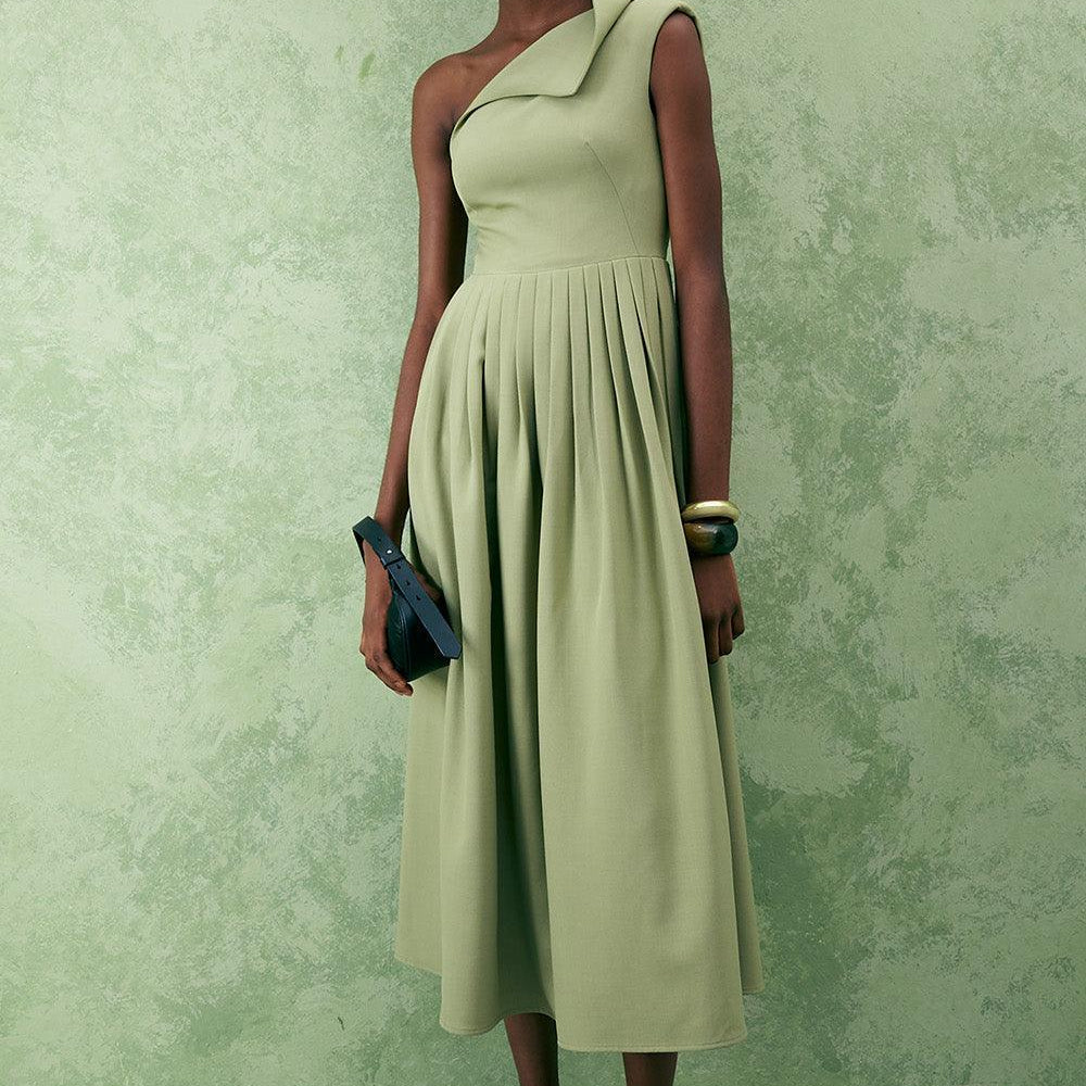 Crossandra A-line Waist Pleated Twill Midi Dress - MEAN BLVD