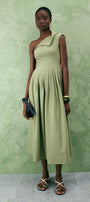 Crossandra A-line Waist Pleated Twill Midi Dress - MEAN BLVD