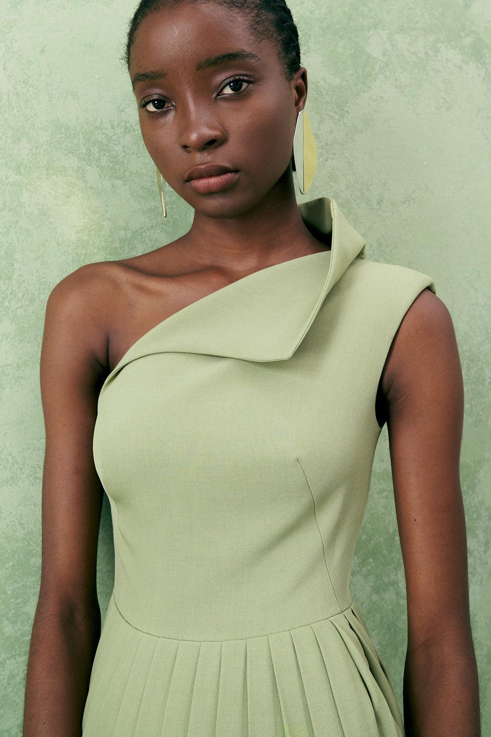 Crossandra A-line Waist Pleated Twill Midi Dress - MEAN BLVD