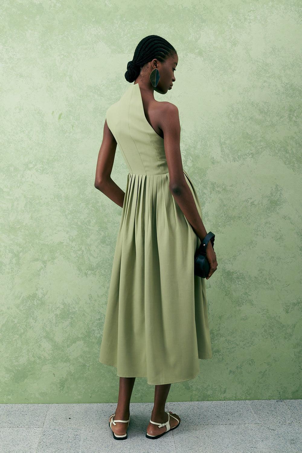 Crossandra A-line Waist Pleated Twill Midi Dress - MEAN BLVD