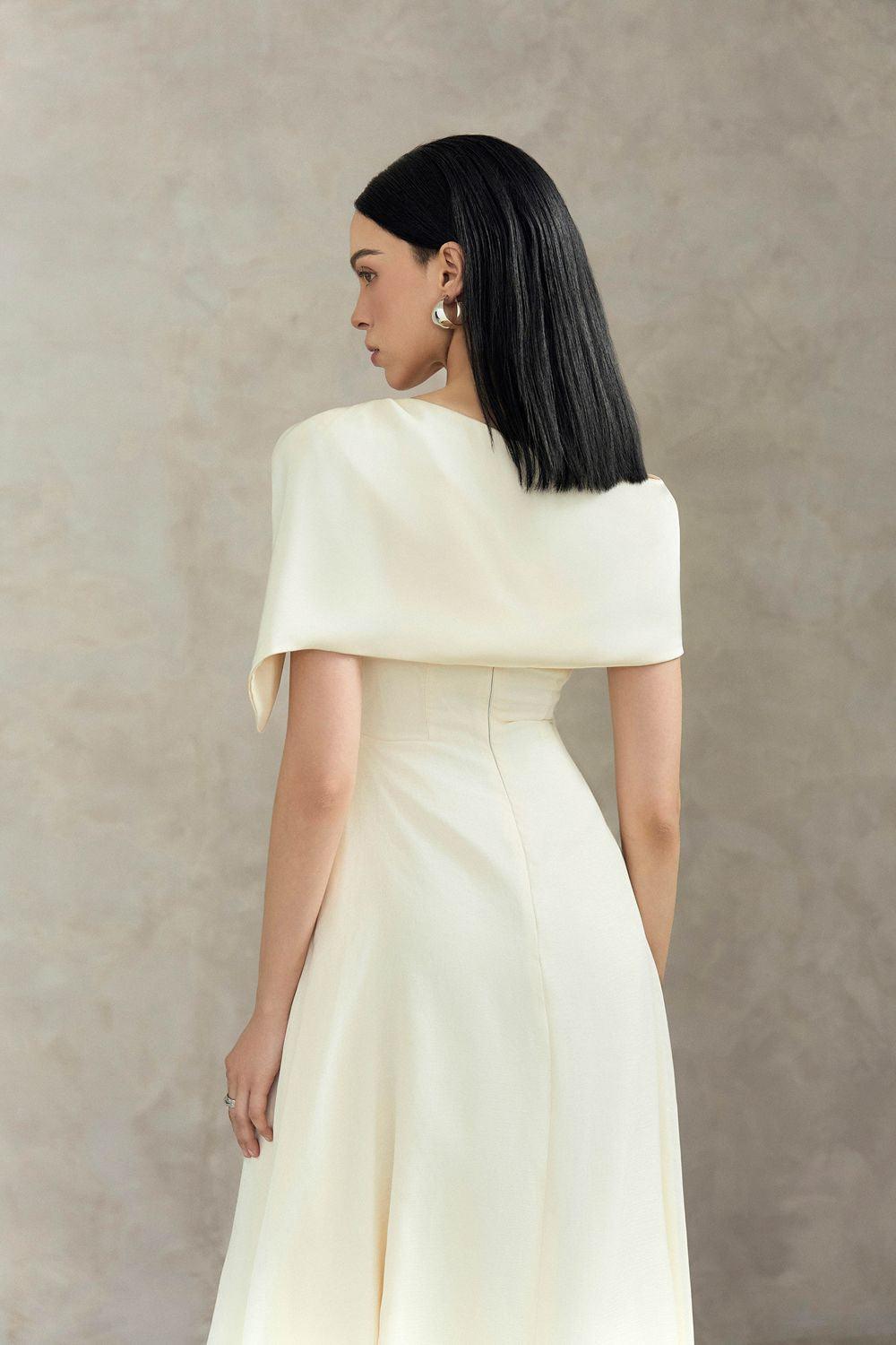 Women's Crystal A-line Twisted Silk Ankle Length Dress S/M/L/XL Cream/Black MEAN BLVD Cream / L Women's Crystal A-line Twisted Silk Ankle Length Dress S/M/L/XL Cream/Black MEAN BLVD Cream / L