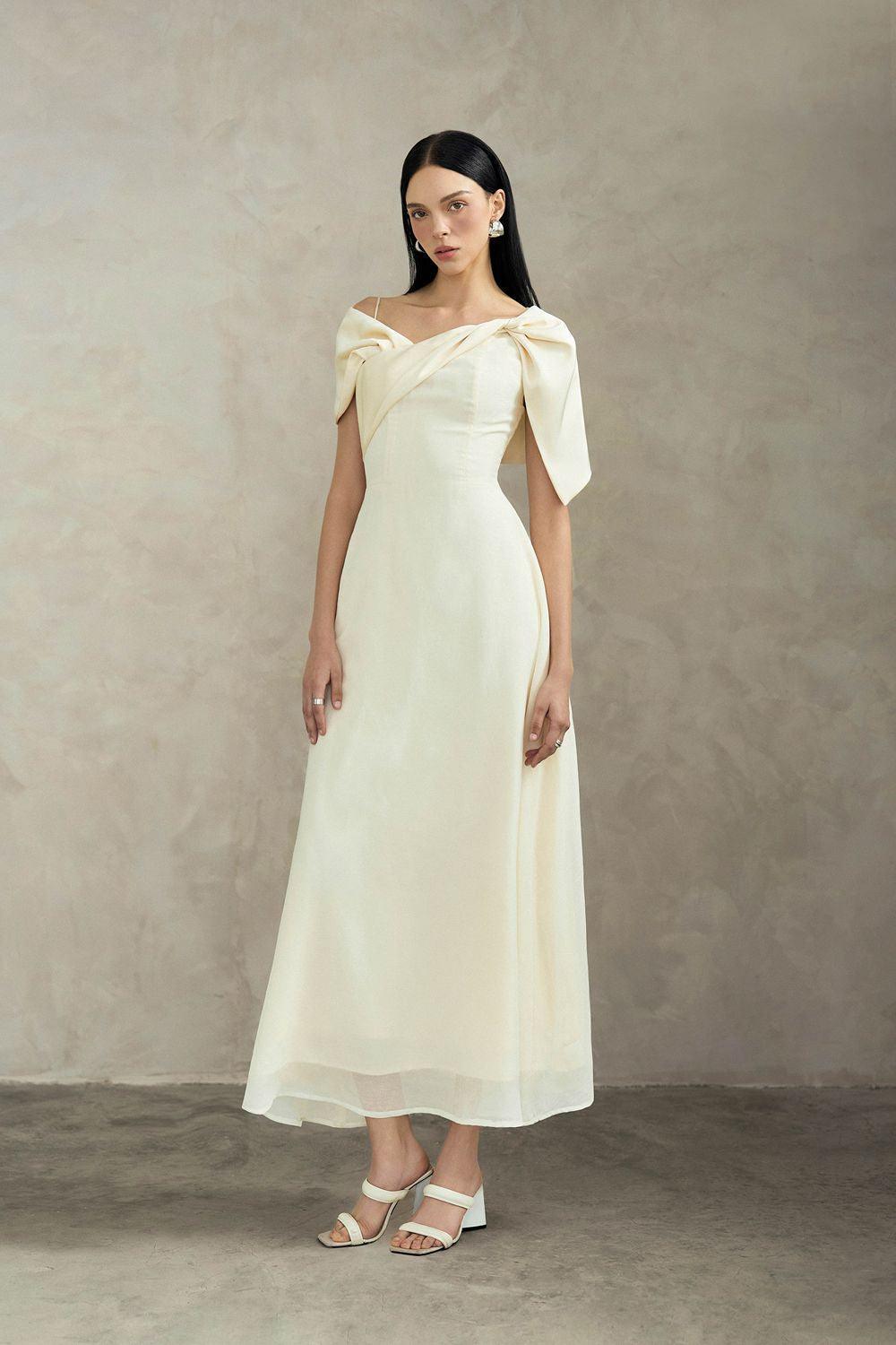 Women's Crystal A-Line Twisted Silk Ankle Length Dress S/M/L/Xl Cream/Black Mean Blvd Cream / L Women's Crystal A-Line Twisted Silk Ankle Length Dress S/M/L/Xl Cream/Black Mean Blvd Cream / L