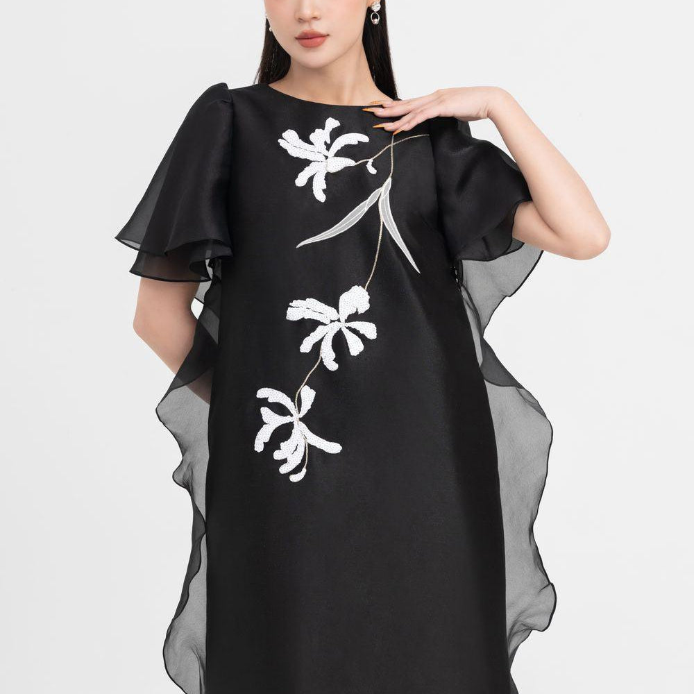 Women's Crystal Tunic Flutter Sleeved Taffeta Knee-length Dress S/M/L/XL/XXL Black MEAN BLVD Women's Crystal Tunic Flutter Sleeved Taffeta Knee-length Dress S/M/L/XL/XXL Black MEAN BLVD