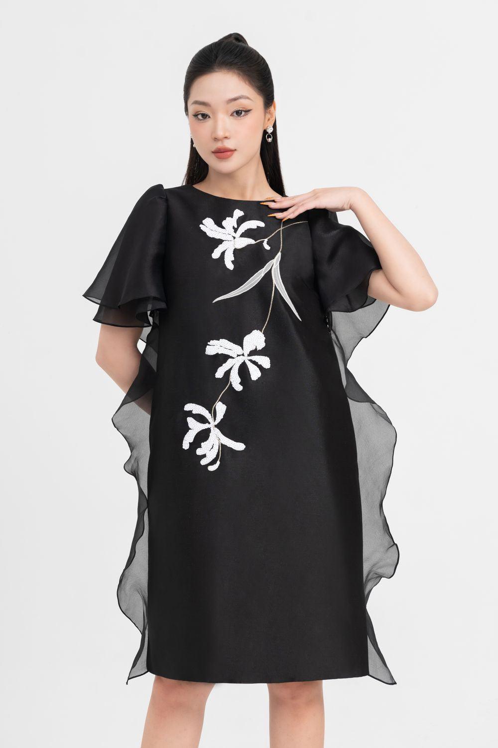 Women's Crystal Tunic Flutter Sleeved Taffeta Knee-length Dress  S/M/L/XL/XXL Black MEAN BLVD