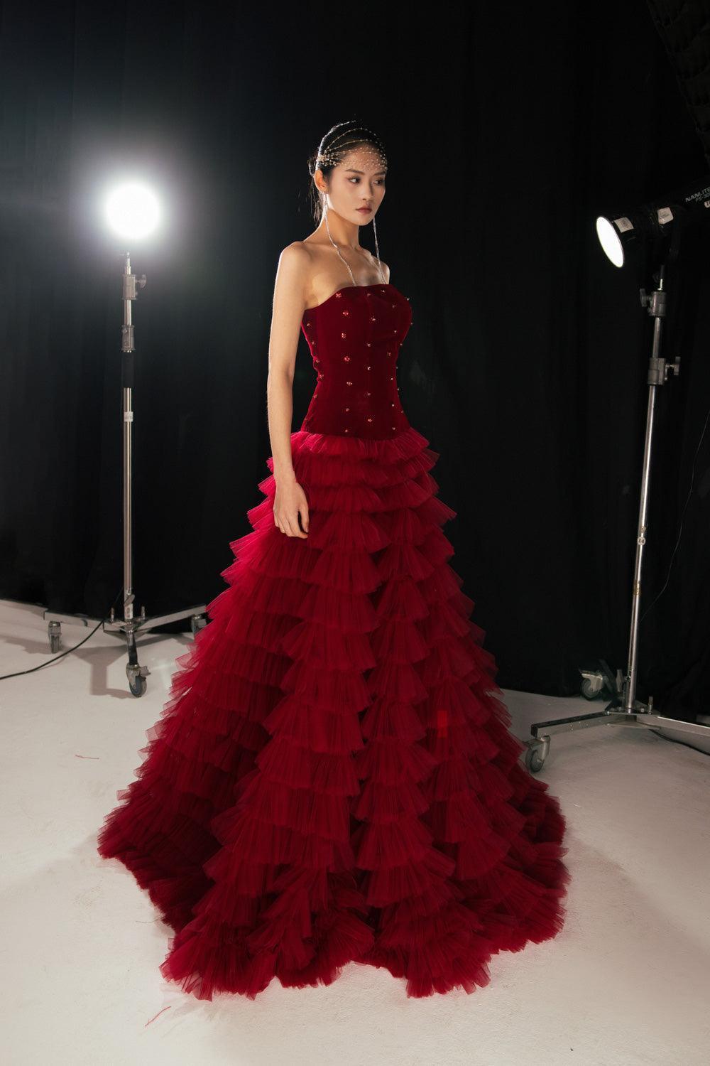red silk ruffle dress High-Low Ruffle Dress in Red Organza Silk