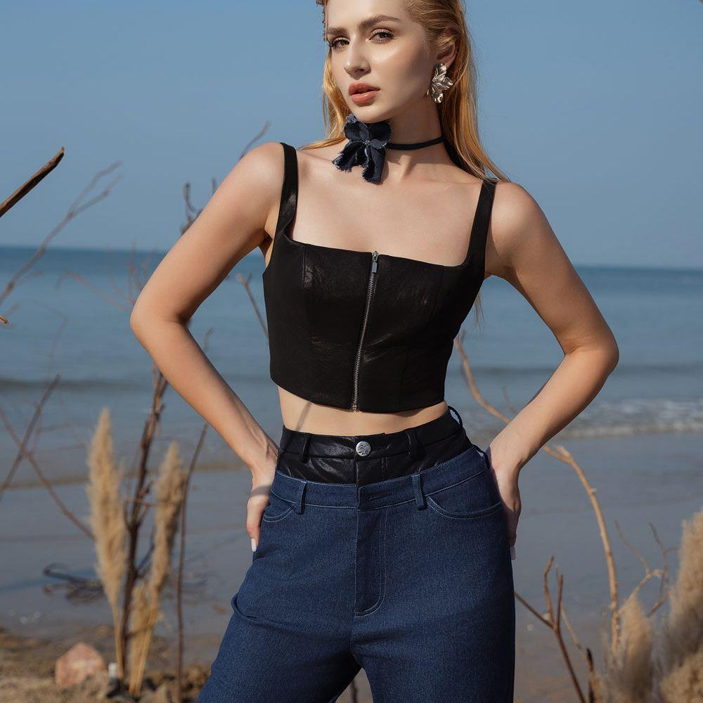 Cyon Cropped Square Neck Leather Top - MEAN BLVD