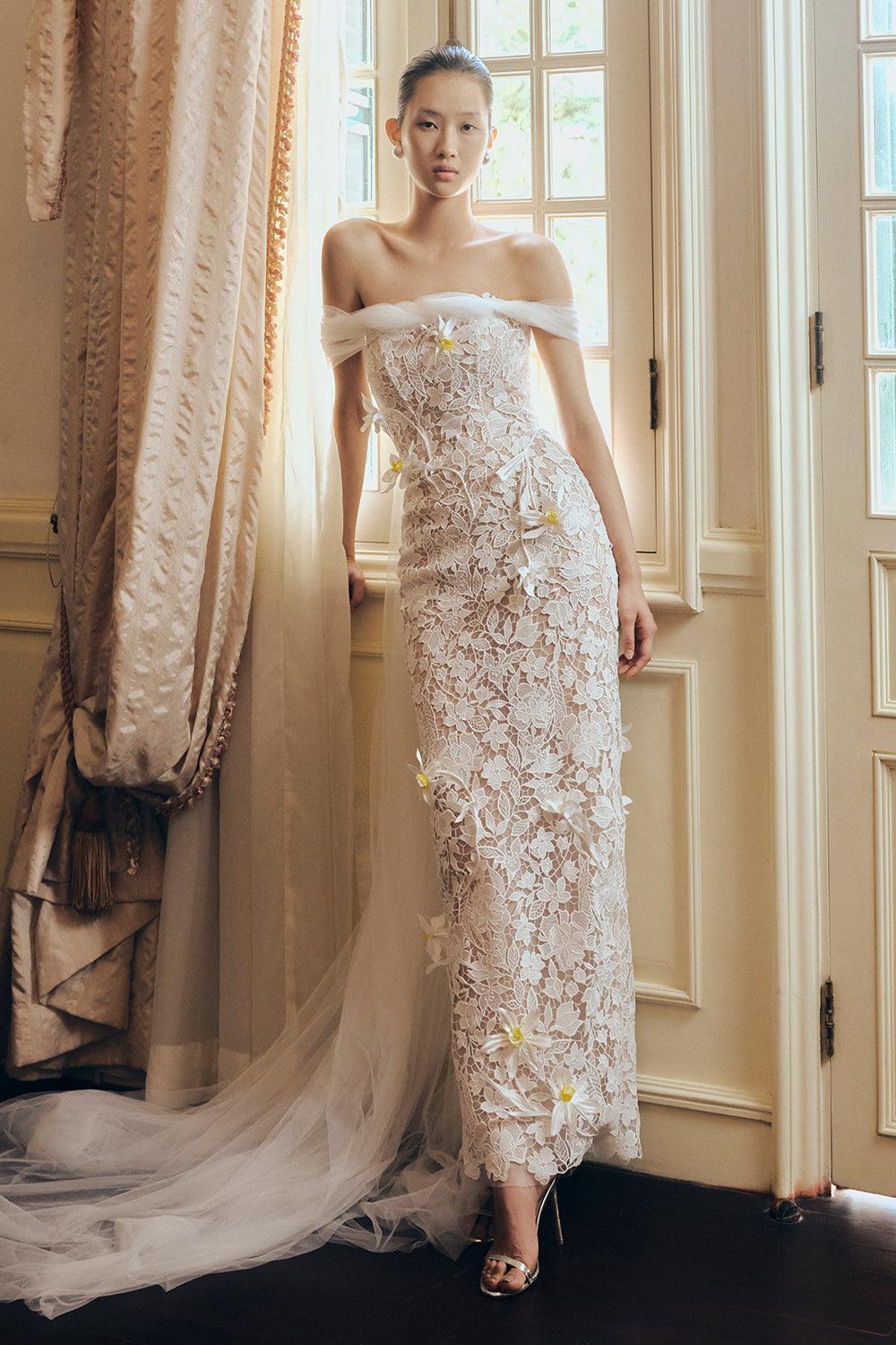 Daffodil Sheath Off-Shoulder Lace Ankle Length Dress - MEAN BLVD