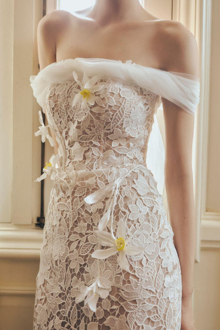 Daffodil Sheath Off-Shoulder Lace Ankle Length Dress - MEAN BLVD