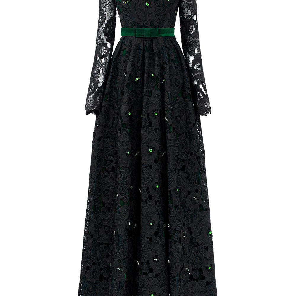 Dahlia A-line Lace Velvet Floor Length Dress - MEAN BLVD