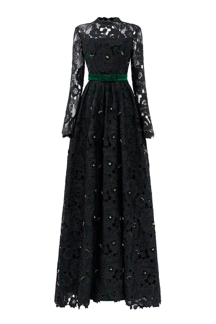 Dahlia A-line Lace Velvet Floor Length Dress - MEAN BLVD