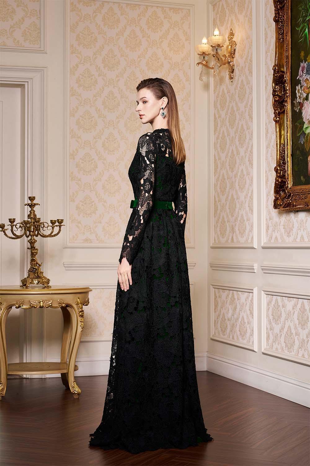 Dahlia A-line Lace Velvet Floor Length Dress - MEAN BLVD