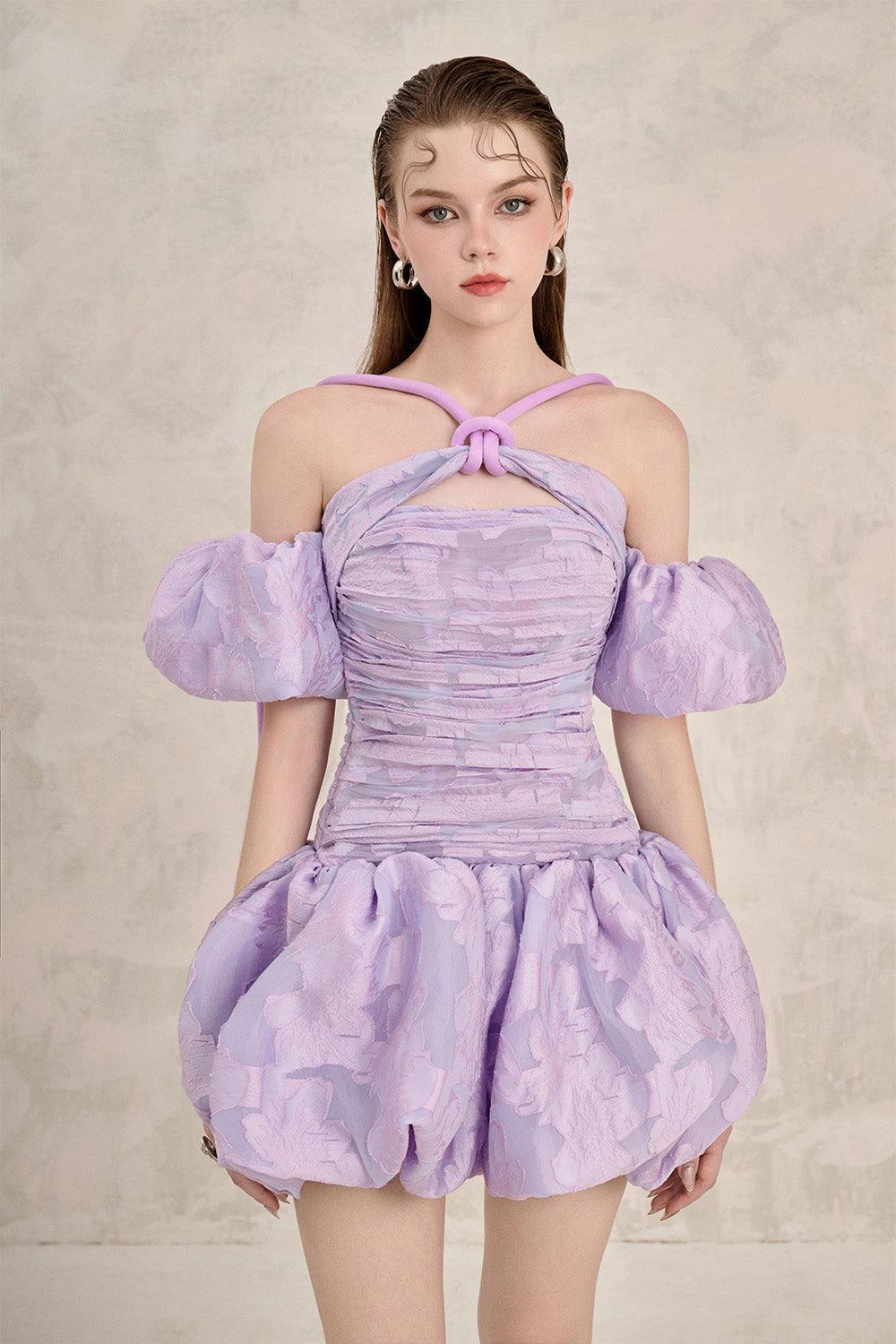 Dahlia Bubble Twisted Chiffon Mini Dress S / Lilac / Floral