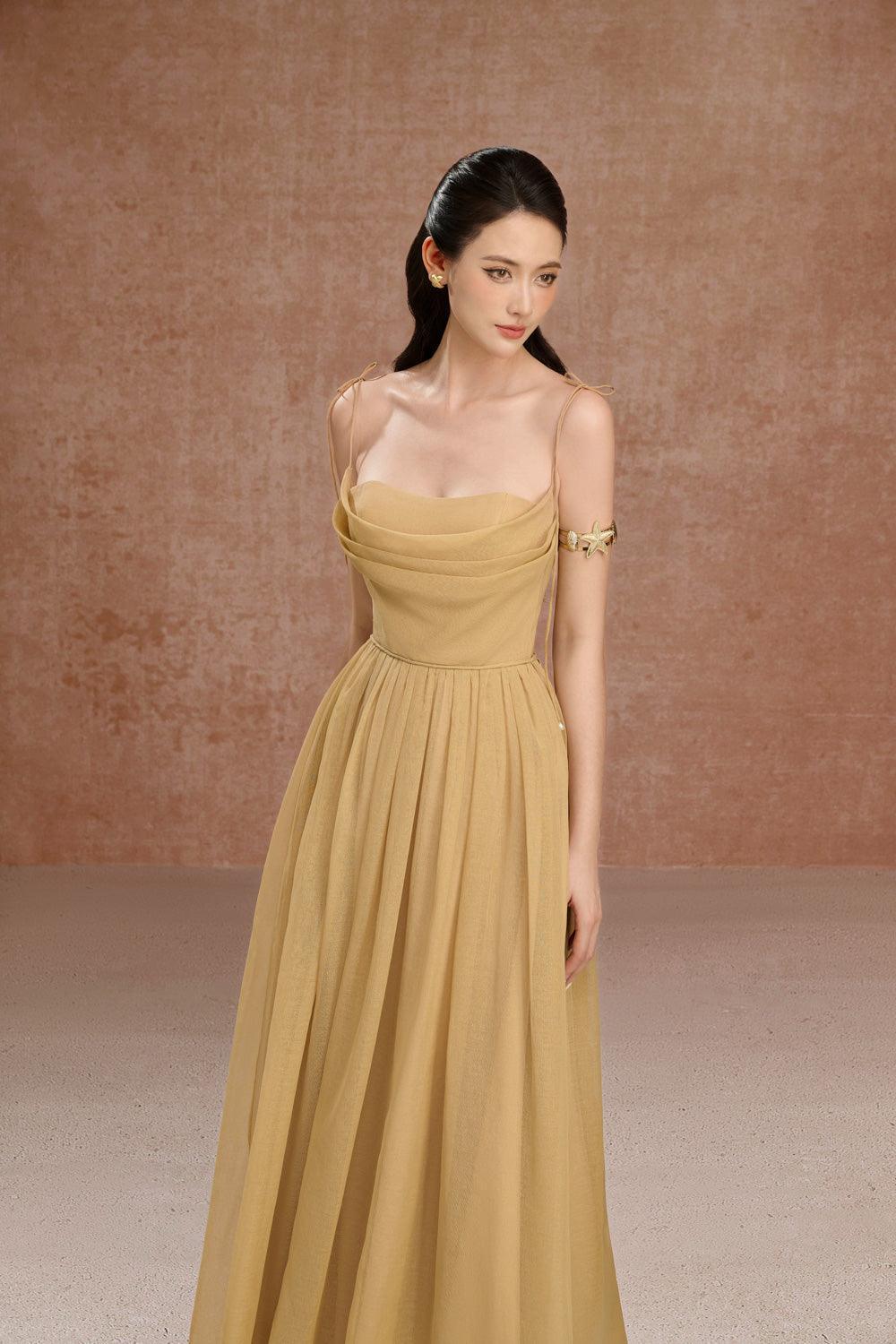 Women's Daisye A-line Cowl Neck Organza Maxi Dress XS/S/M/L/XL Brown/Yellow MEAN BLVD Women's Daisye A-line Cowl Neck Organza Maxi Dress XS/S/M/L/XL Brown/Yellow MEAN BLVD