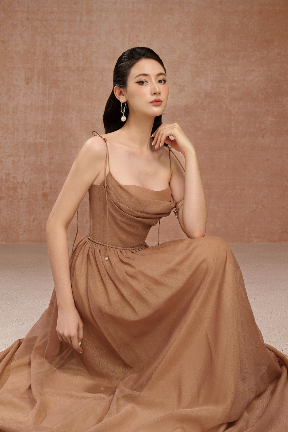 Women's Daisye A-line Cowl Neck Organza Maxi Dress XS/S/M/L/XL Brown/Yellow MEAN BLVD Women's Daisye A-line Cowl Neck Organza Maxi Dress XS/S/M/L/XL Brown/Yellow MEAN BLVD