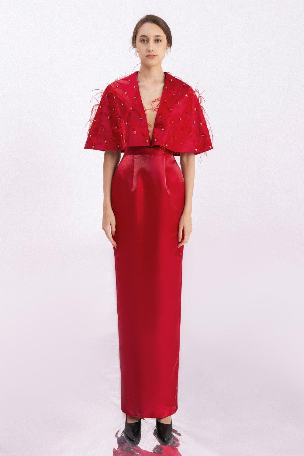 Daleyza Sheath V-Neck Taffeta Floor Length Dress - MEAN BLVD