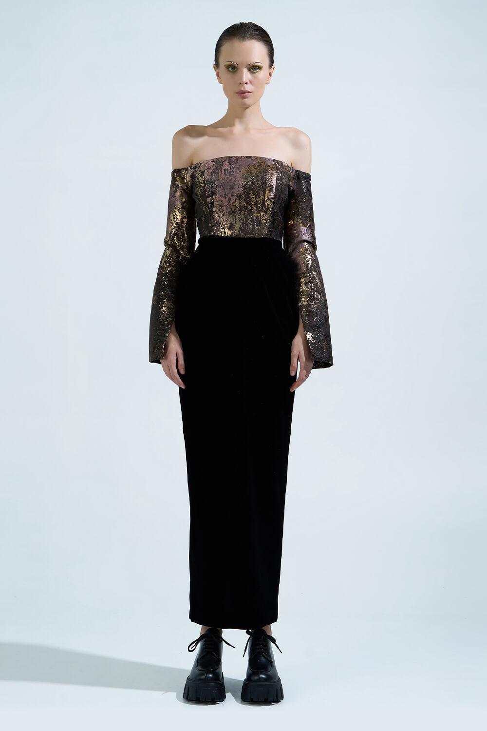 Dalya Pegged Off-Shoulder Brocade Ankle Length Dress - MEAN BLVD