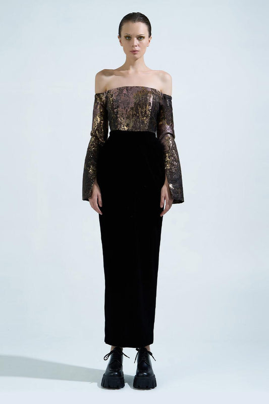 Dalya Pegged Off-Shoulder Brocade Ankle Length Dress - MEAN BLVD