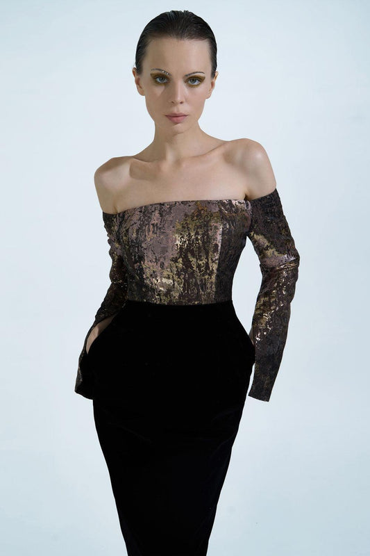 Dalya Pegged Off-Shoulder Brocade Ankle Length Dress - MEAN BLVD