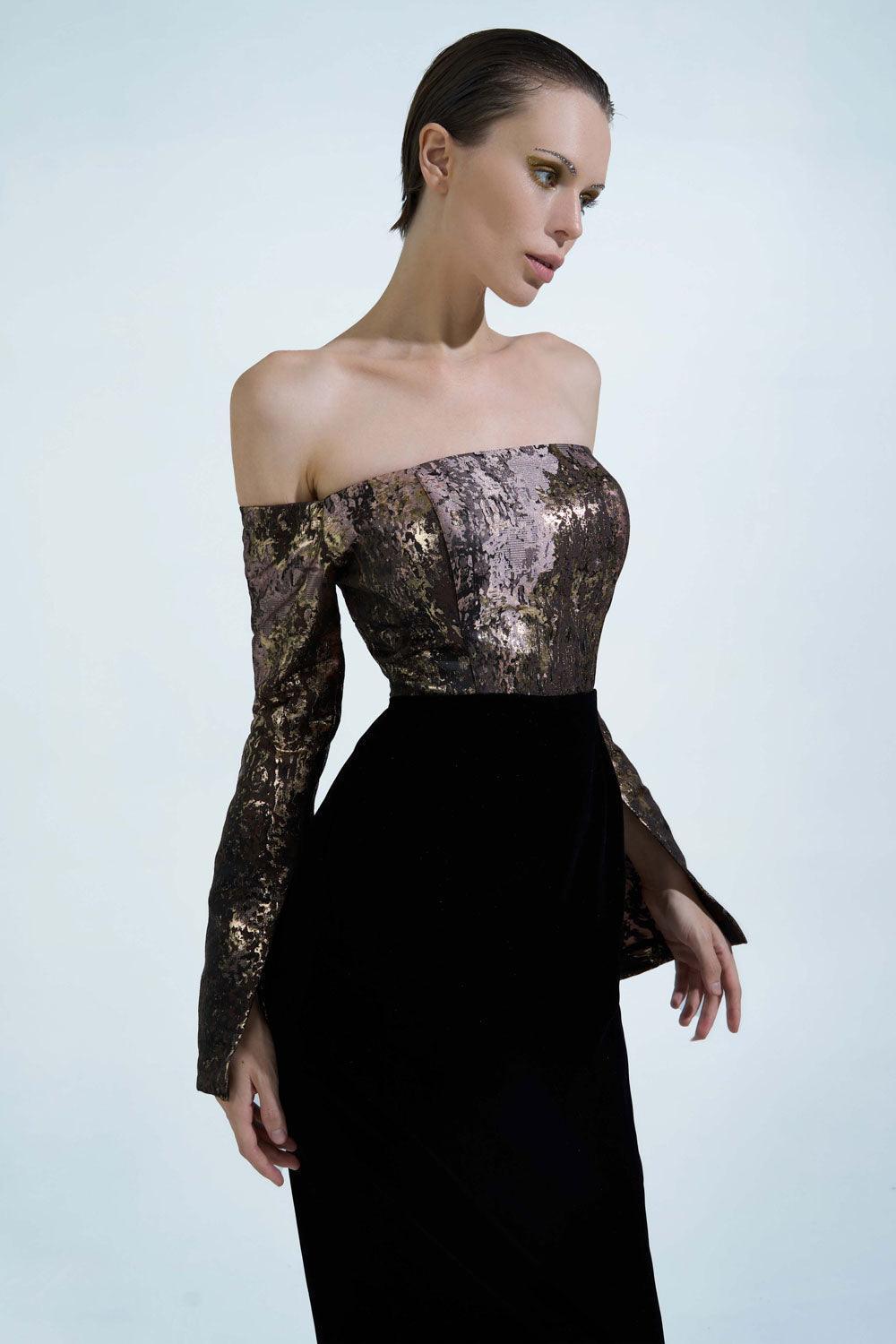 Dalya Pegged Off-Shoulder Brocade Ankle Length Dress - MEAN BLVD