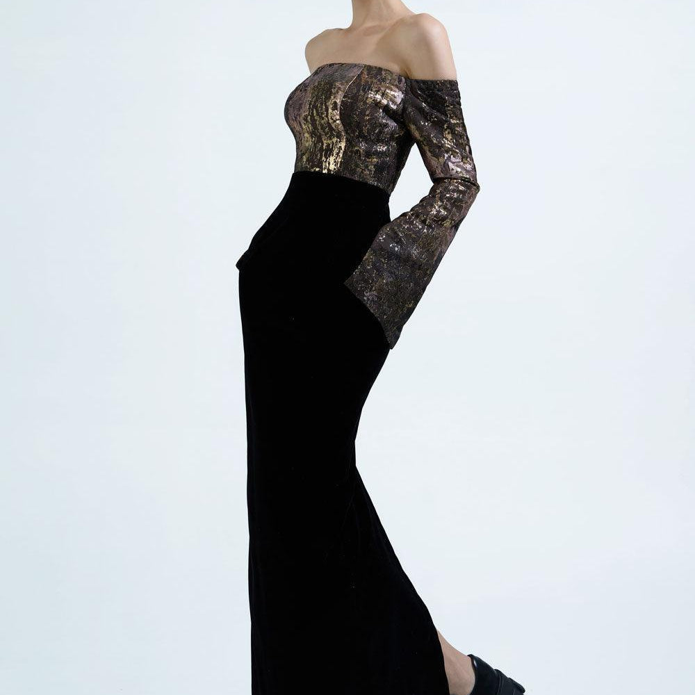 Dalya Pegged Off-Shoulder Brocade Ankle Length Dress - MEAN BLVD