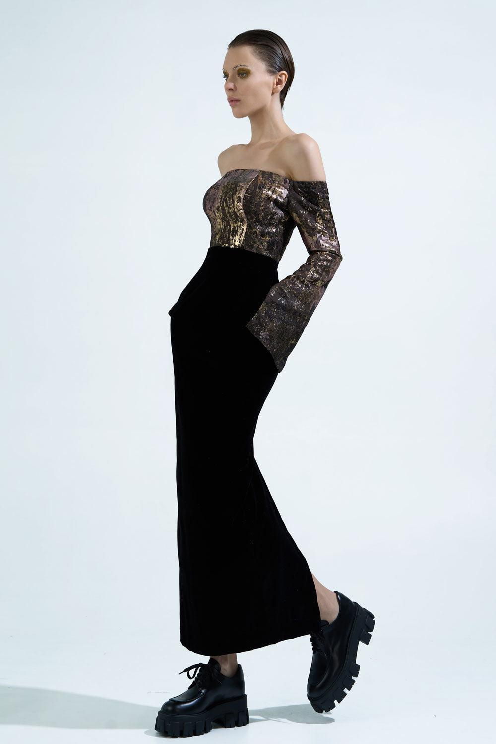 Dalya Pegged Off-Shoulder Brocade Ankle Length Dress - MEAN BLVD