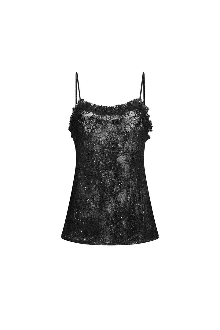Damask Straight Semi-Heart Neck Lace Top - MEAN BLVD