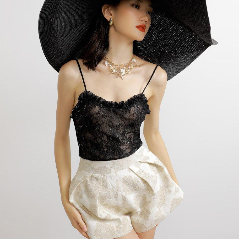 Damask Straight Semi-Heart Neck Lace Top - MEAN BLVD