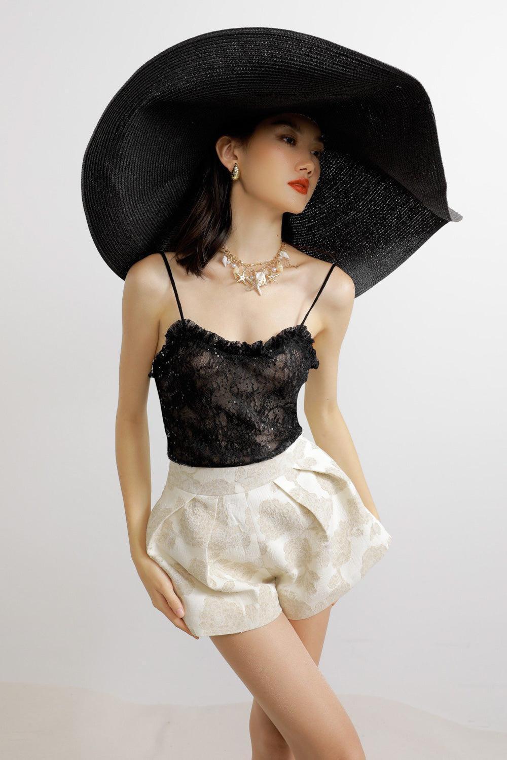 Damask Straight Semi-Heart Neck Lace Top - MEAN BLVD