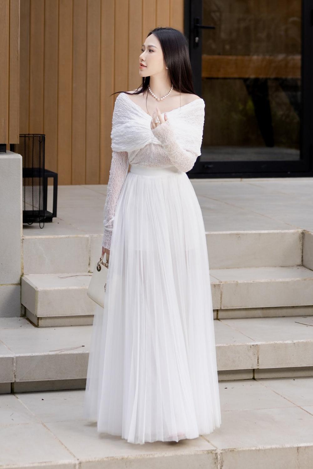 Women's Darla Flared High Waist Mesh Silk Maxi Skirt S/M/L/Customize White Mean Blvd White / S