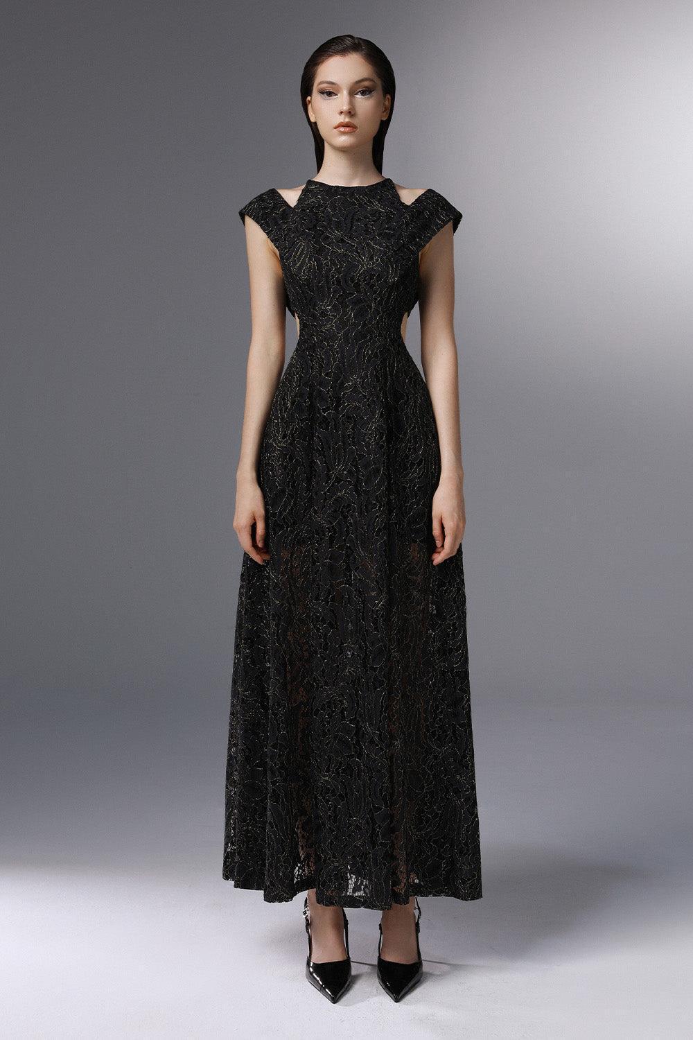 Women's Dawn Break A-line Cut-Out Embroidered Lace Ankle Length Dress 0/1/2 Black MEAN BLVD