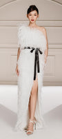 Dearie Slit Asymmetric Neck Feathers Floor Length Dress - MEAN BLVD