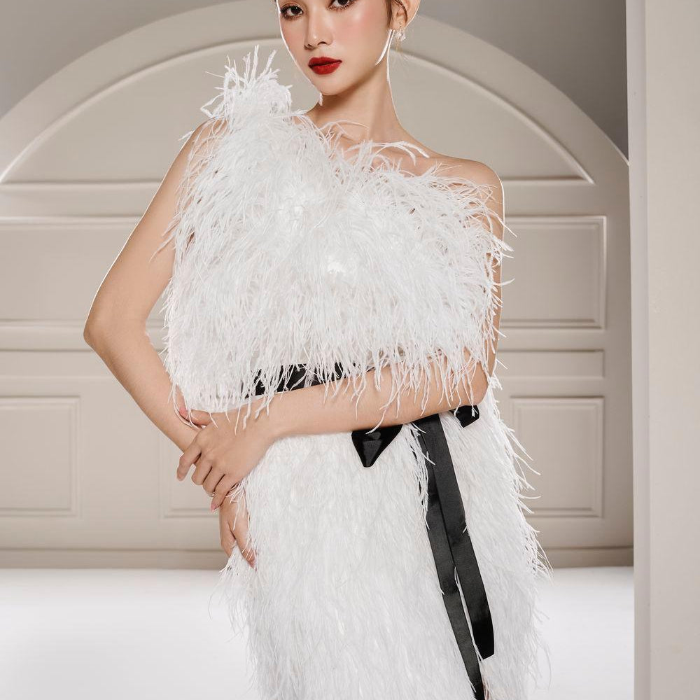 Dearie Slit Asymmetric Neck Feathers Floor Length Dress - MEAN BLVD