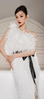 Dearie Slit Asymmetric Neck Feathers Floor Length Dress - MEAN BLVD
