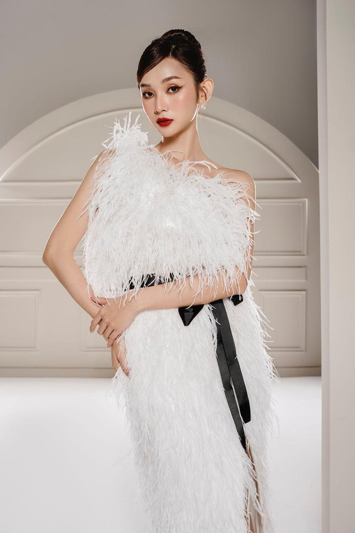 Dearie Slit Asymmetric Neck Feathers Floor Length Dress - MEAN BLVD