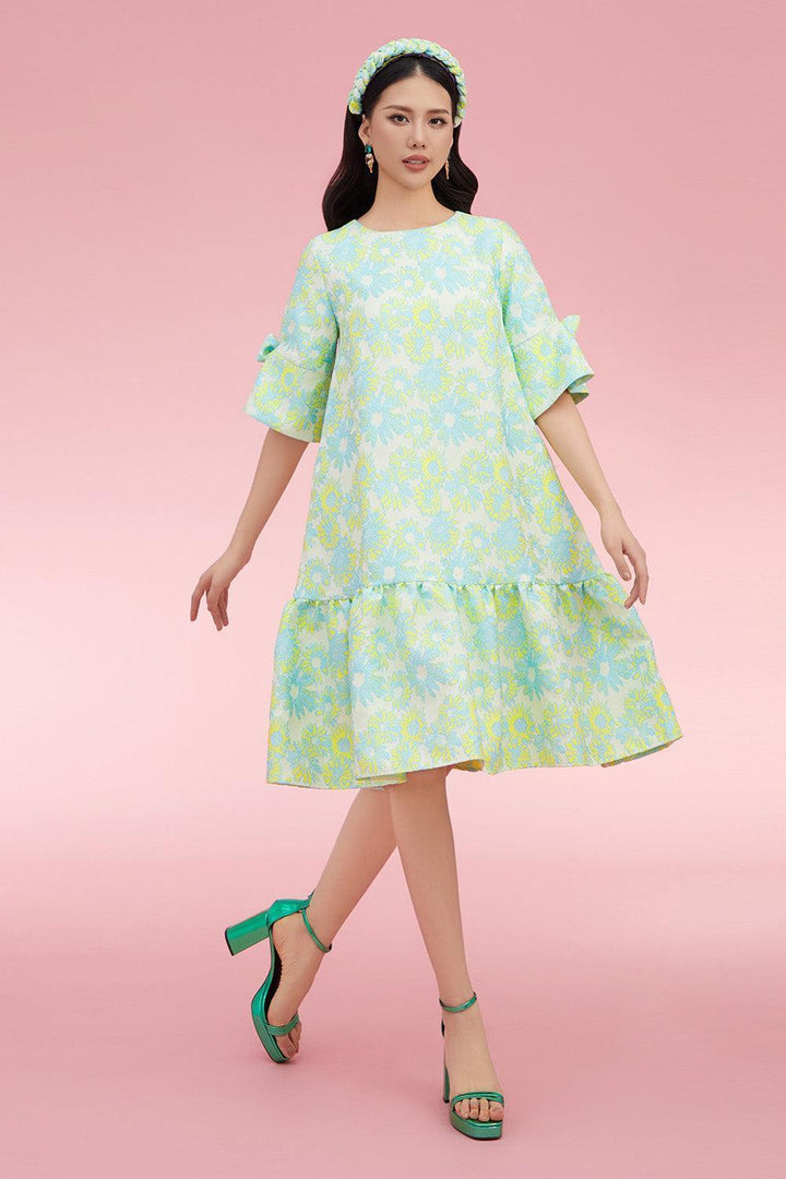 Dejesus Drop Waist Middle Sleeved Brocade Knee-length Dress - MEAN BLVD