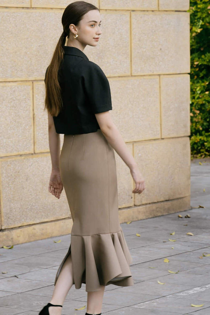 Delilah Asymmetric Back Slit Khaki Skirt - MEAN BLVD
