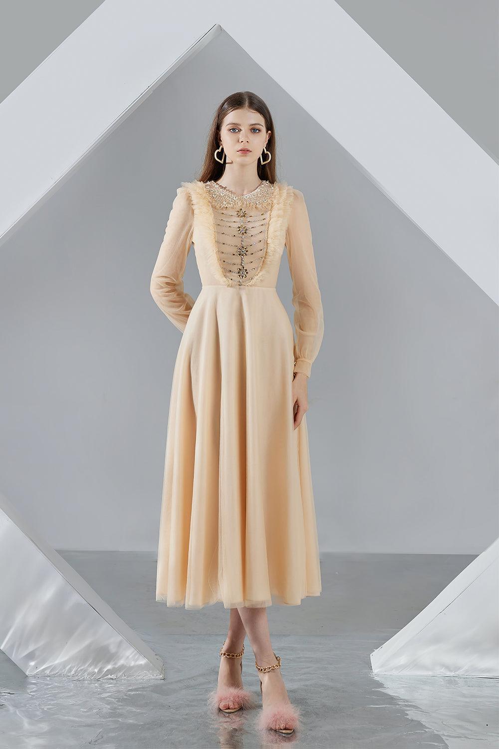 Della Pleated Long Sleeved Organza Midi Dress - MEAN BLVD