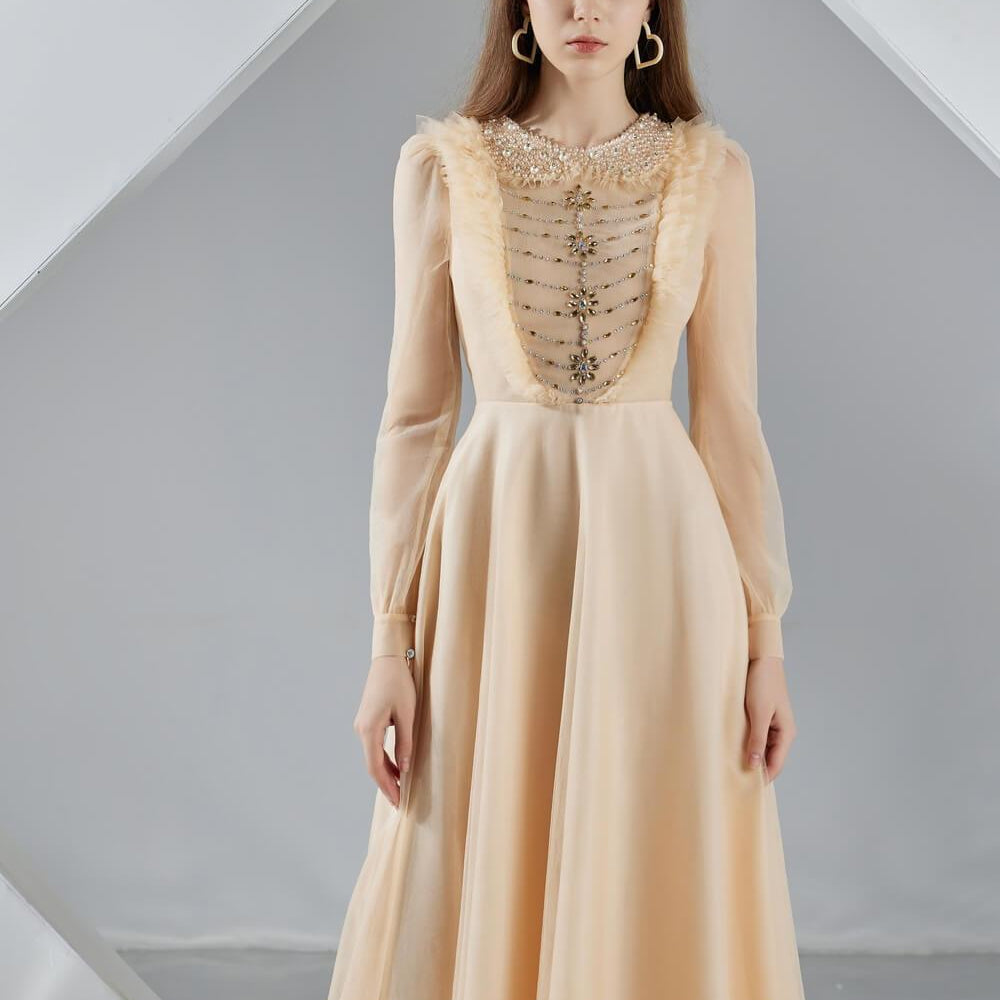 Della Pleated Long Sleeved Organza Midi Dress - MEAN BLVD
