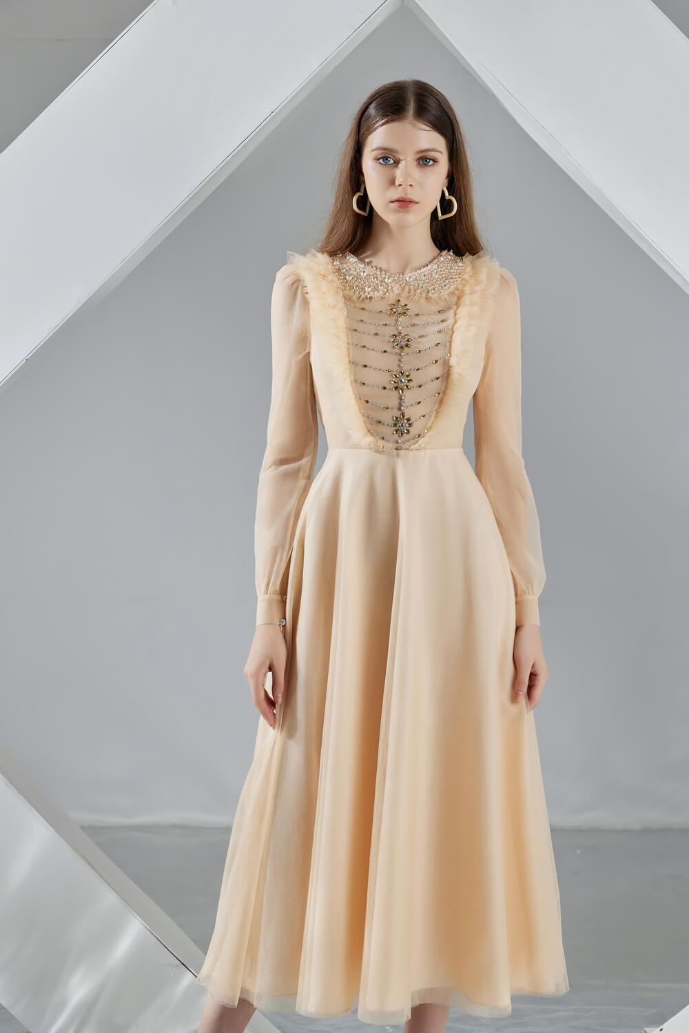 Della Pleated Long Sleeved Organza Midi Dress - MEAN BLVD