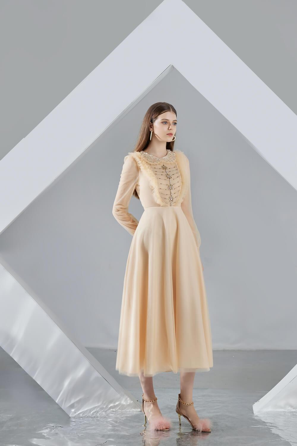 Della Pleated Long Sleeved Organza Midi Dress - MEAN BLVD