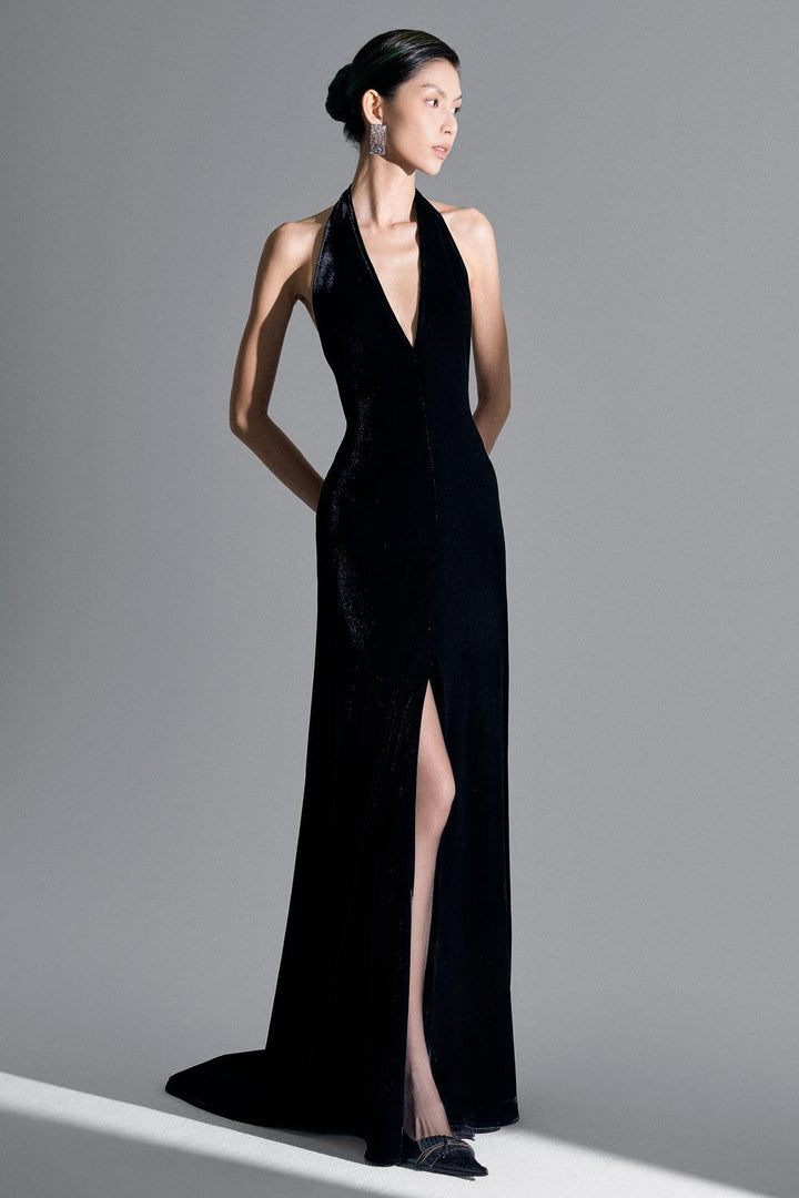 Della Slit Halter Neck Velvet Floor Length Dress - MEAN BLVD