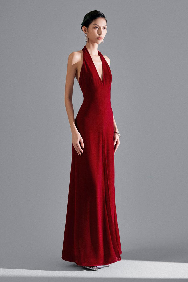 Della Slit Halter Neck Velvet Floor Length Dress - MEAN BLVD