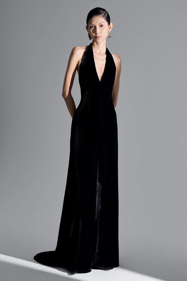 Della Slit Halter Neck Velvet Floor Length Dress - MEAN BLVD