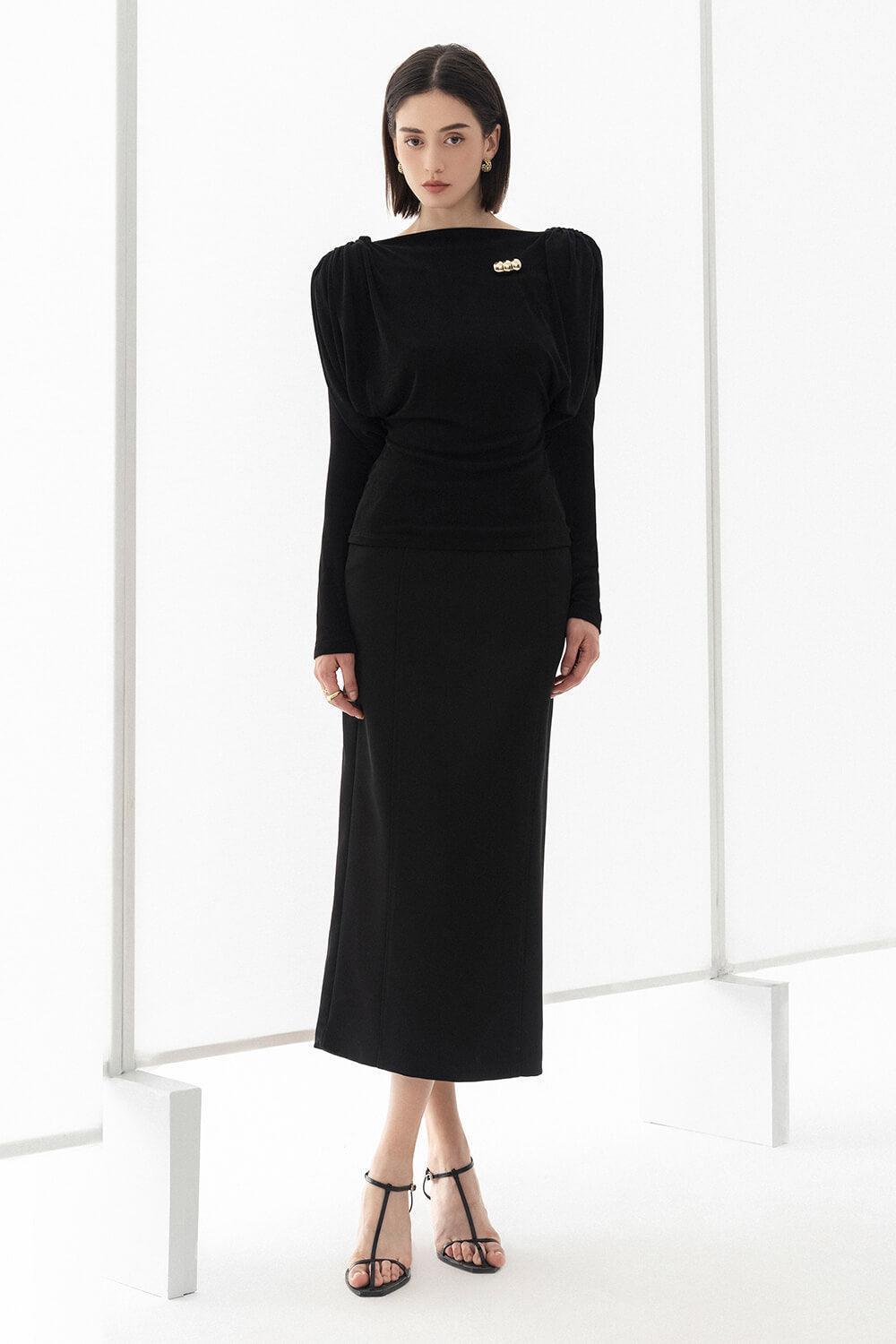 Della Straight High Waist Taffeta Midi Skirt - MEAN BLVD