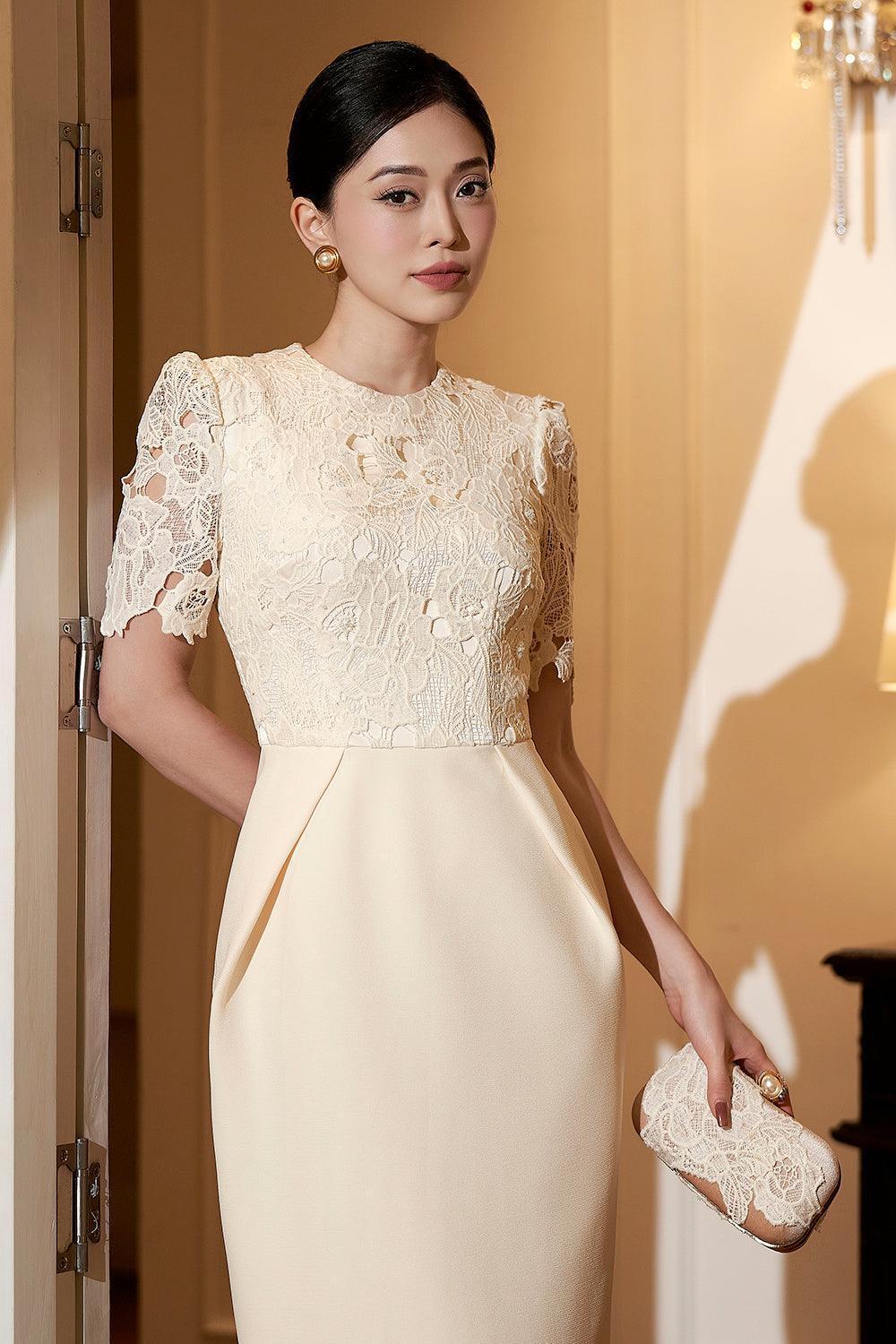 Delphine Pencil Round Neck Silk Lace Midi Dress - MEAN BLVD