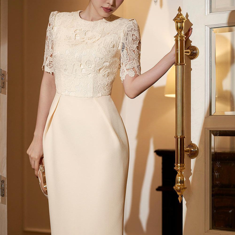 Delphine Pencil Round Neck Silk Lace Midi Dress - MEAN BLVD